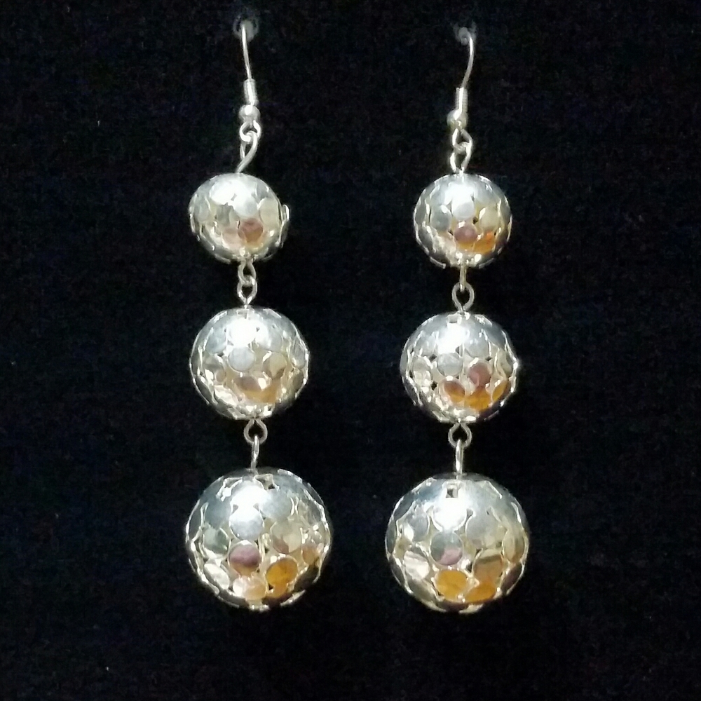 Silver 3 Tier Ball 3" Dangle Earrings - Picture 1 of 3